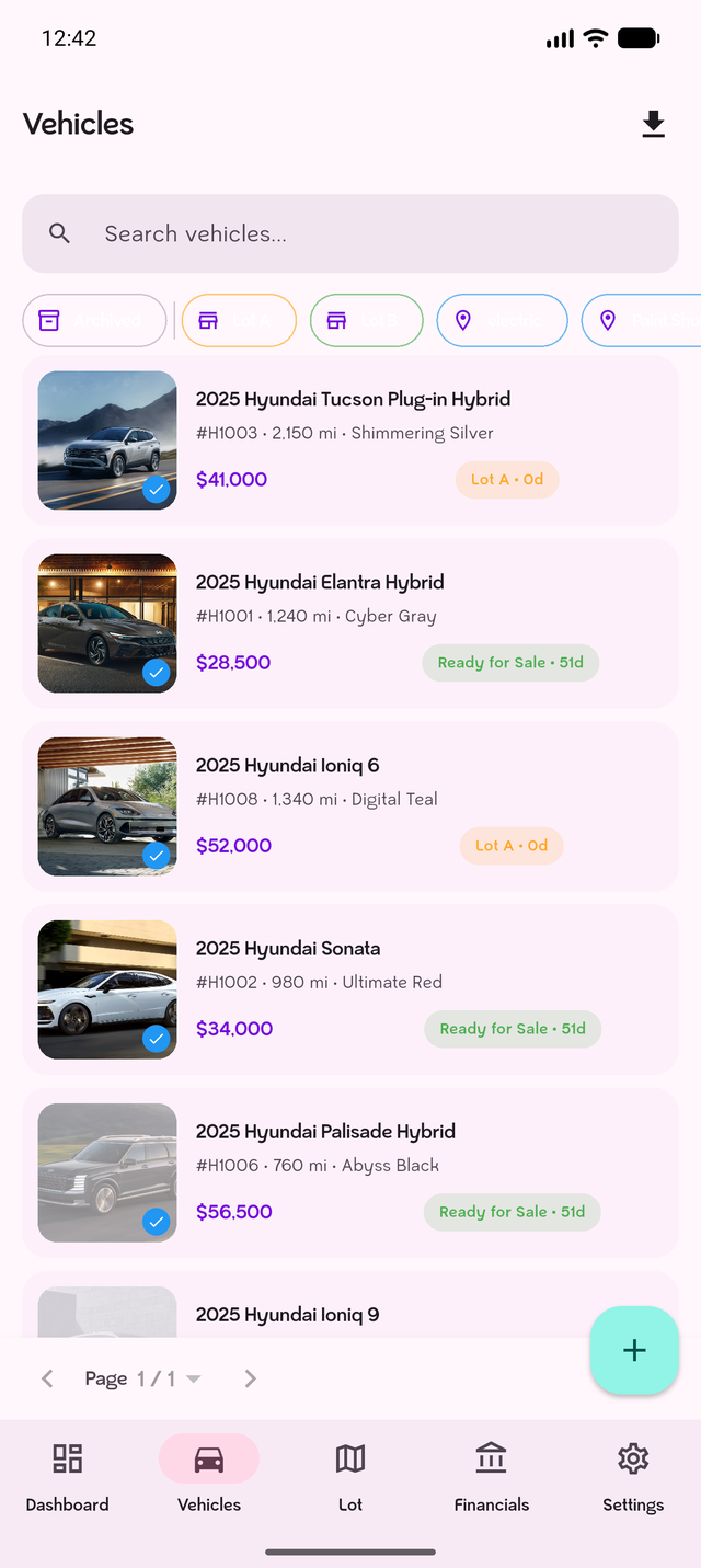 CarFlow vehicle list on Android: search, filters, prices, and stage badges per car